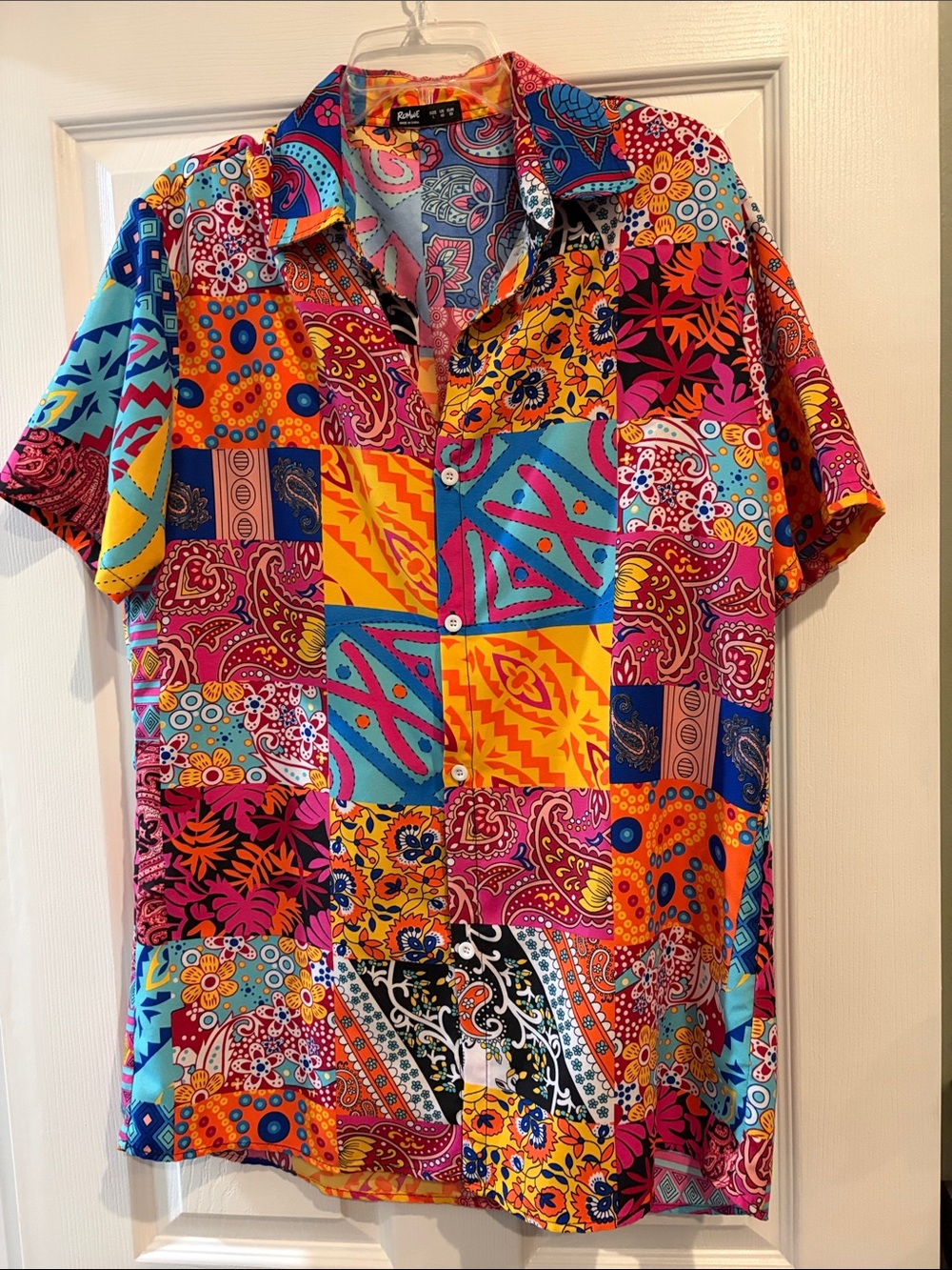 Colorful Patchwork Short-Sleeve Shirt - Vibrant Multicolor